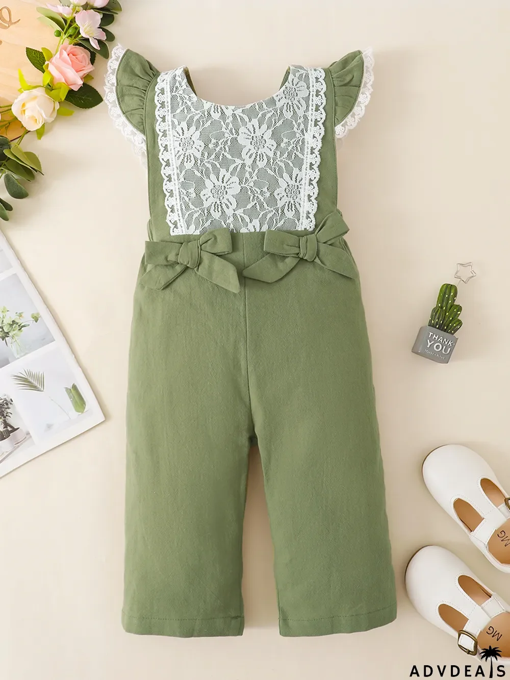 Girl Flying Sleeve Lace Solid Romper