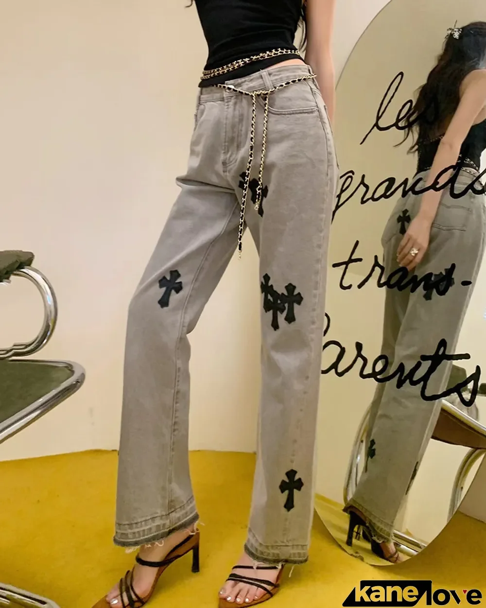 Women Summer Gray Cross Straight High Waist Jeans
