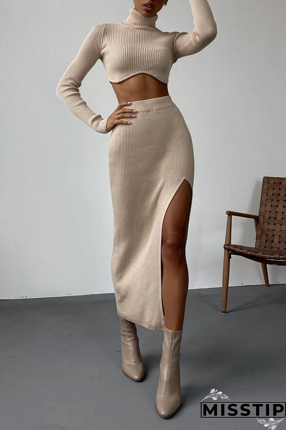 Apricot Casual Solid Patchwork Slit Asymmetrical Turtleneck Long Sleeve Two Pieces