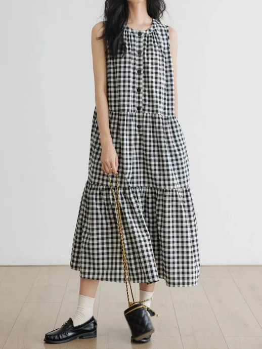 Plaid Print Sleeveless Round Neck Single Row Buttons Multi-layered Midi Dress