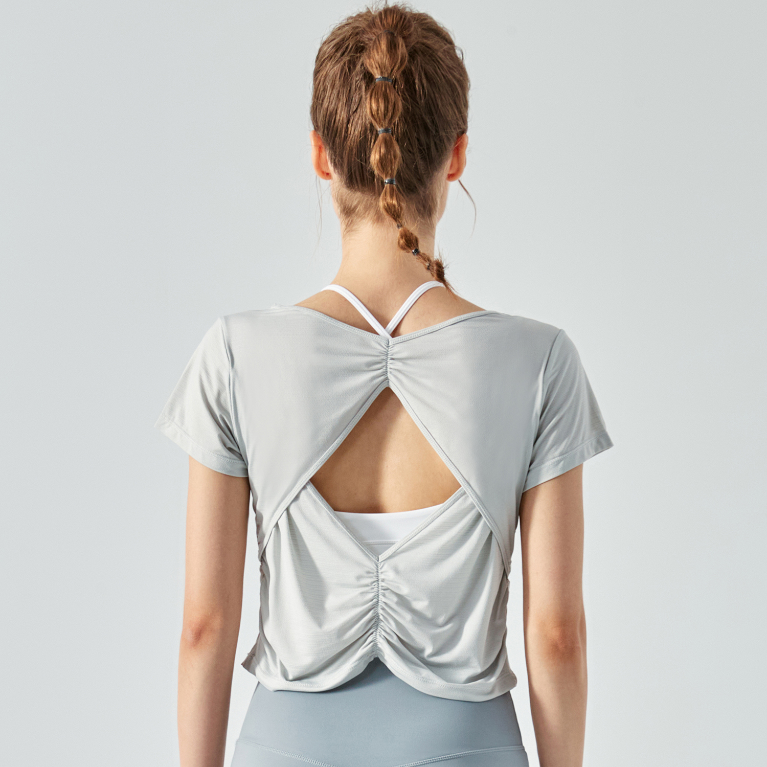 Hergymclothing Misty Gray dry fit open back cotton soft lightweight breathable nature eco skin friendly nylon short sleeve yoga shirt for women online shopping
