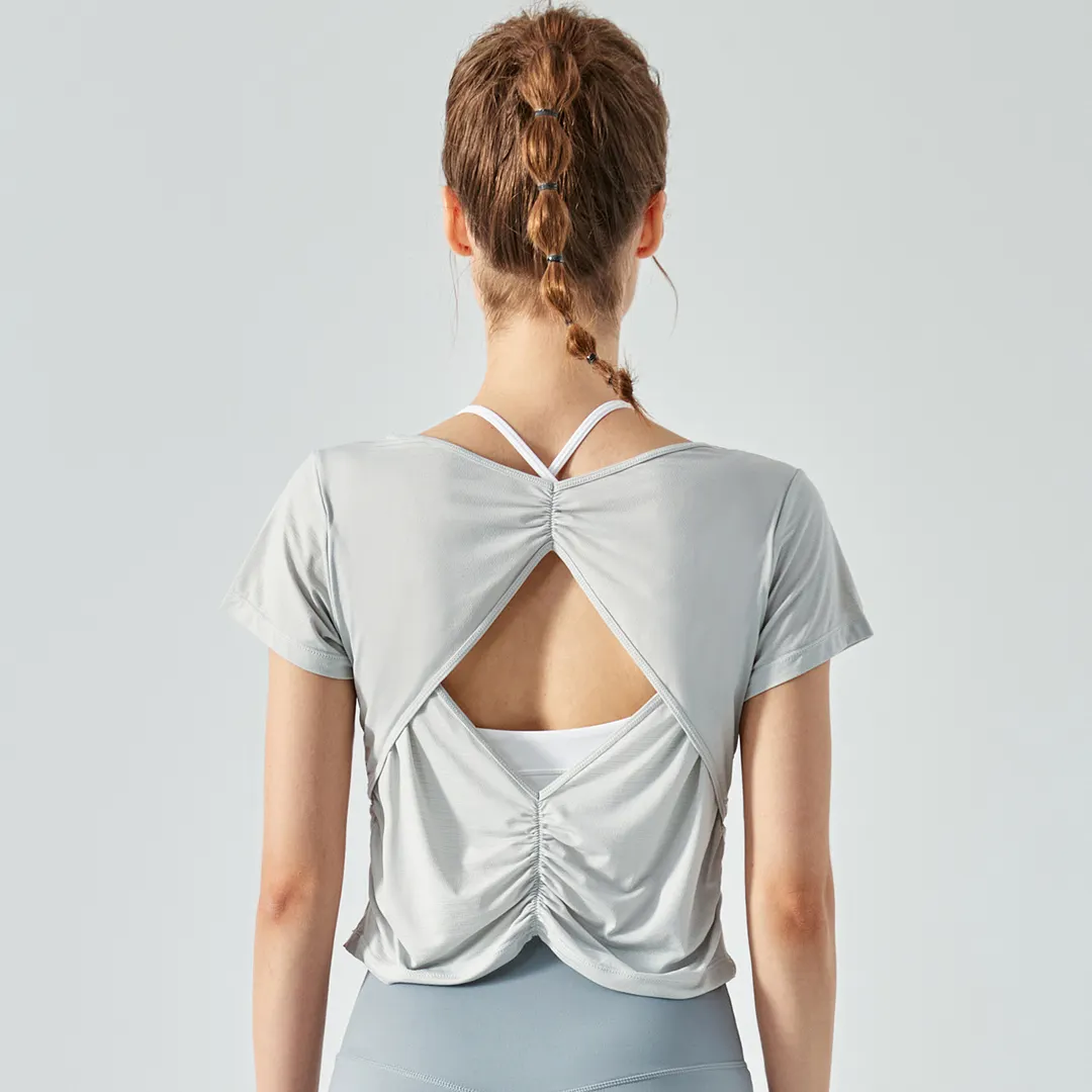 Hergymclothing Misty Gray dry fit open back cotton soft lightweight breathable nature eco skin friendly nylon short sleeve yoga shirt for women online shopping