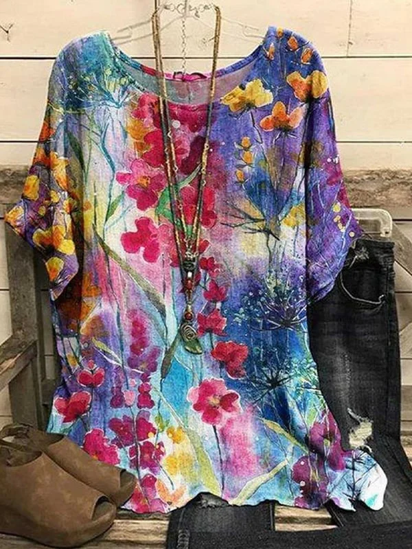 Women's Colorful Floral Round Neck Tops