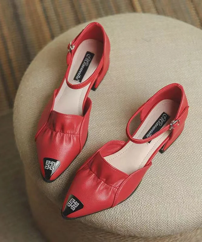 Chic Buckle Strap Splicing Low Heel Red Faux Leather Pointed Toe