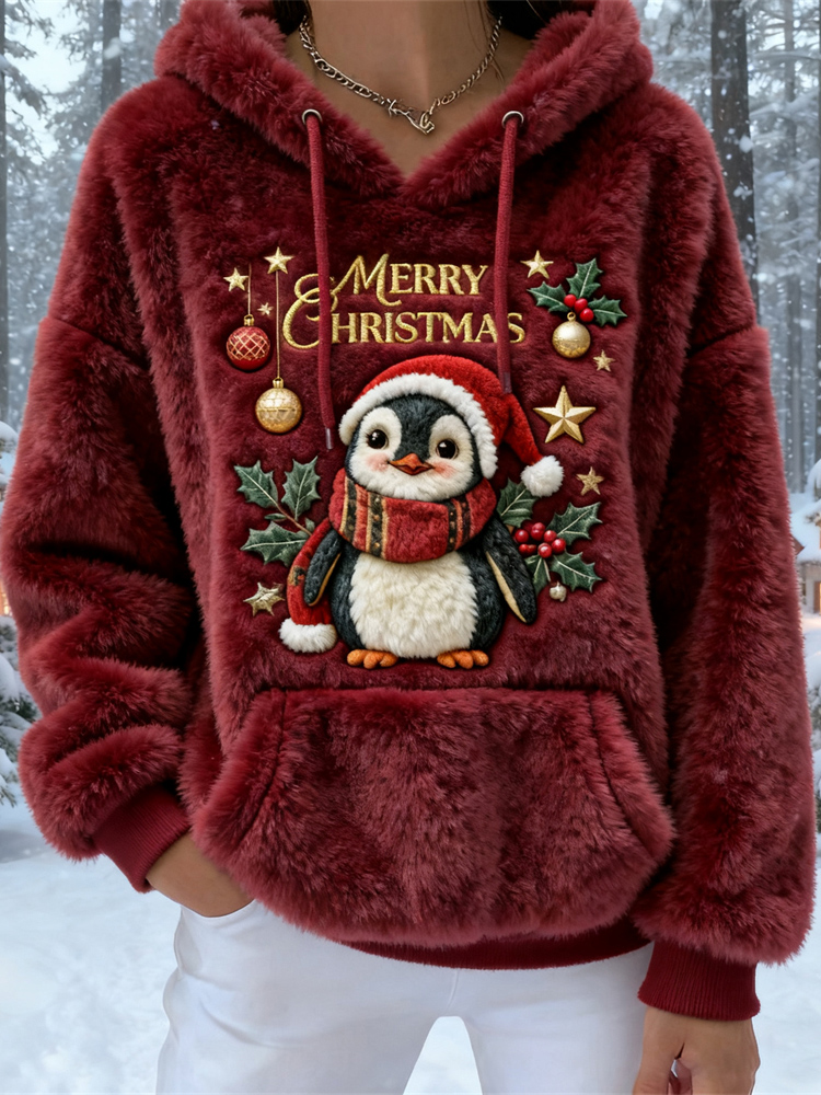Christmas Penguin Design Women's Flannel Hooded Sweater elevenforest