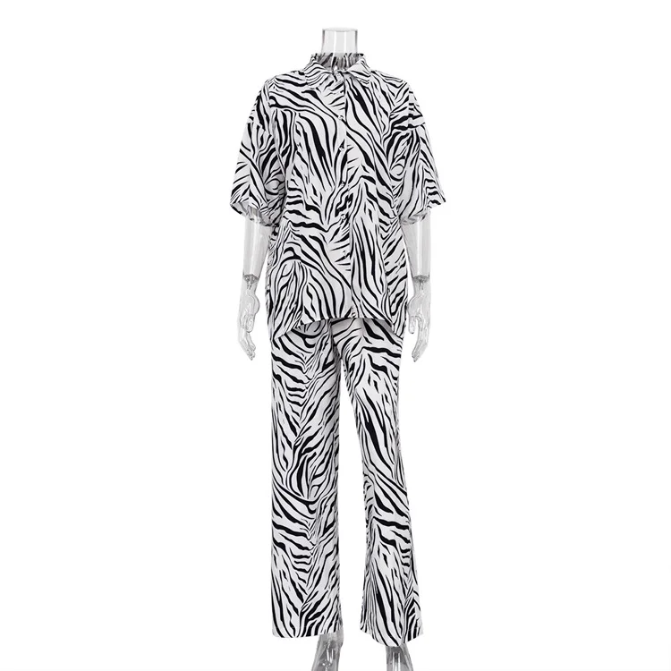 Churchf Churchf Satin Zebra Striped Suit Female 2023 Summer Short Sleeve Shirt High Waist Trousers Two-Piece Set