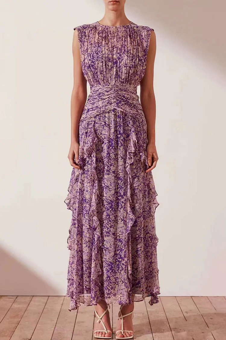 Chiffon Floral Print Sleeveless Wrapped A-Line Ruffled Maxi Dresses