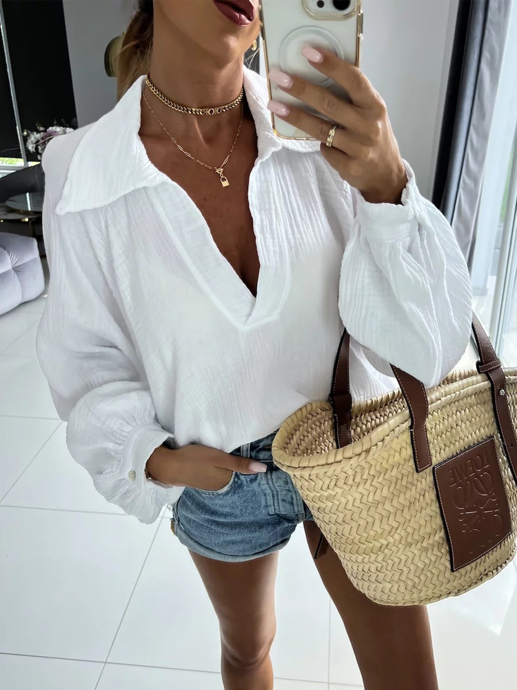 Solid Color Casual Fashion Long Sleeve Cotton Elegant Lapel Loose Blouses
