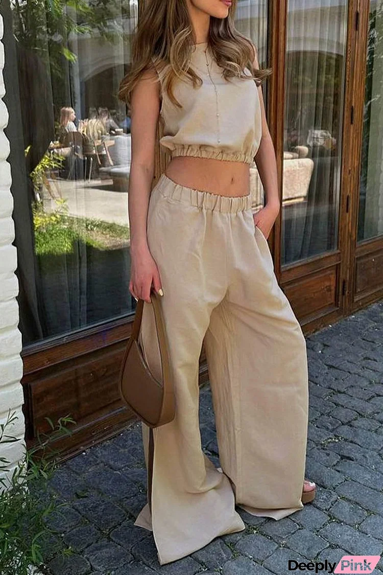 Elastic Waist Tank Top Slit Wide Leg Long Pants Suits