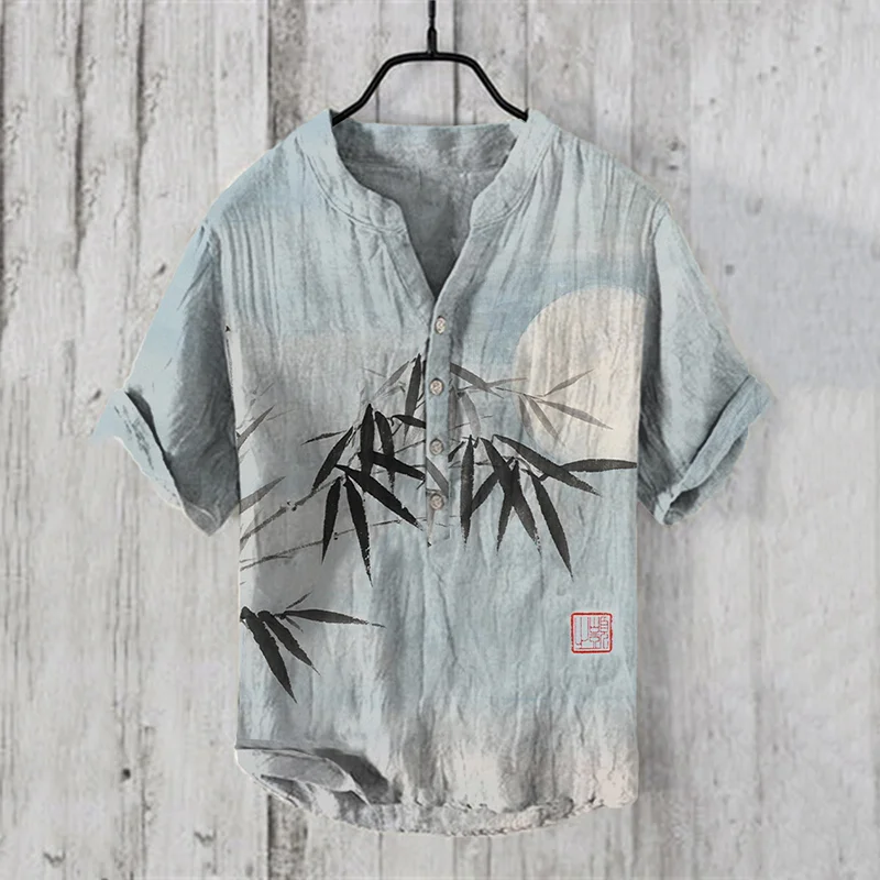 Bamboo & Moon Japanese Art Linen Blend Shirt