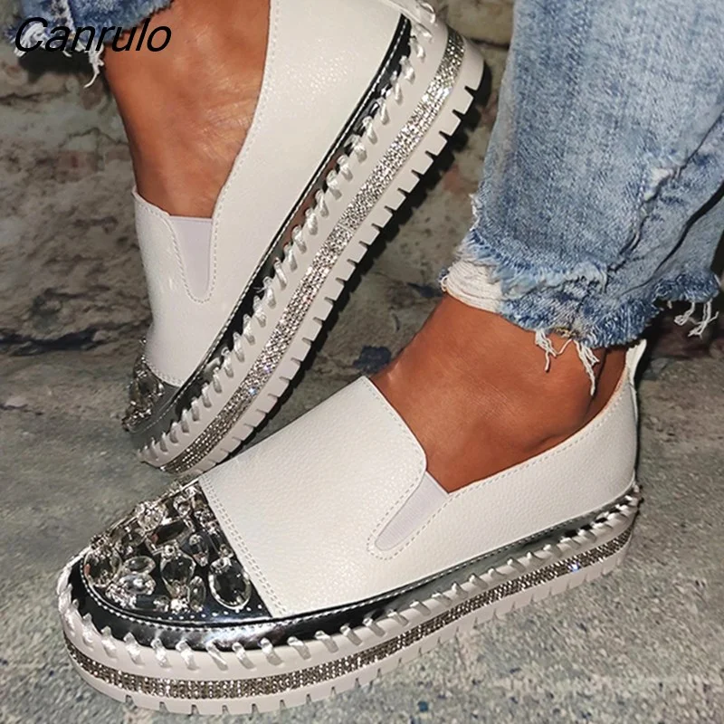 Canrulo Women Flat Loafers Woman Rhinestone Shoes Female Autumn Casual Platform Glitter Design Slip On Shoes Dropshipping