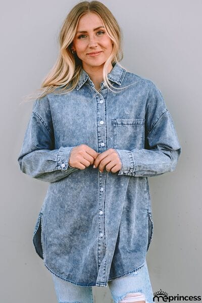 Button Up Dropped Shoulder Denim Top