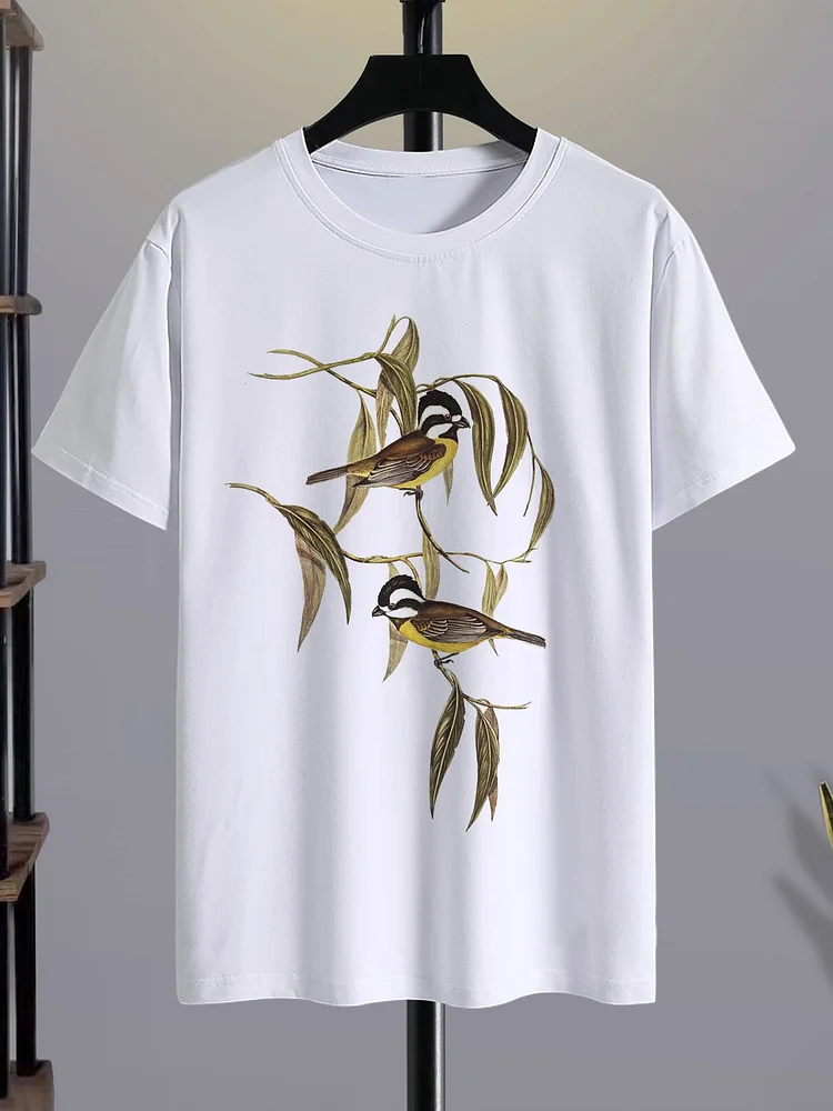 <💯Cotton> Men's Birds Plants Art Print Cotton Casual T-Shirt