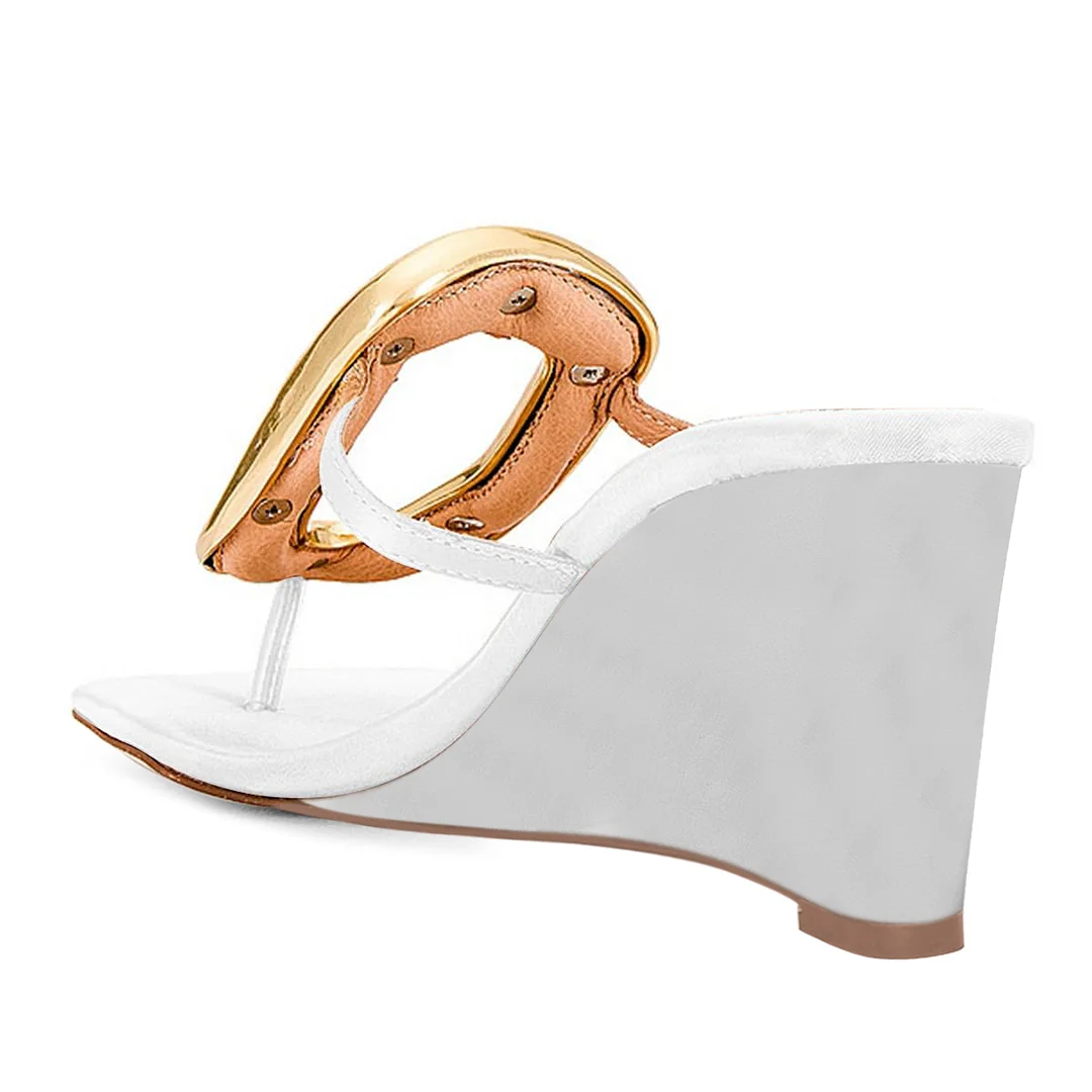 Satin Square Toe Gold Buckle Strappy Sandals with Wedge Heel in White