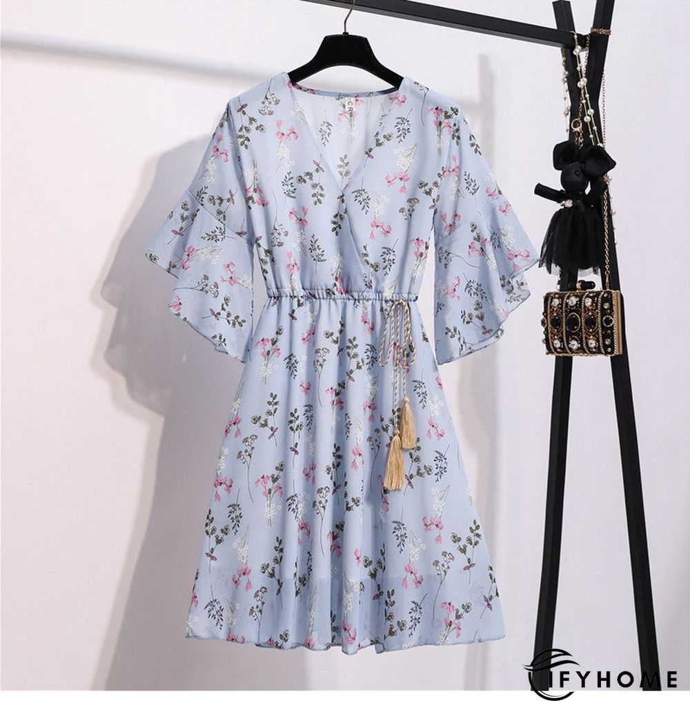 Spring Summer Chiffon Women V-Neck Floral Print Short Dresses Sweet Ruffle Sleeeve Slim Drawstring Ladies Dress | IFYHOME