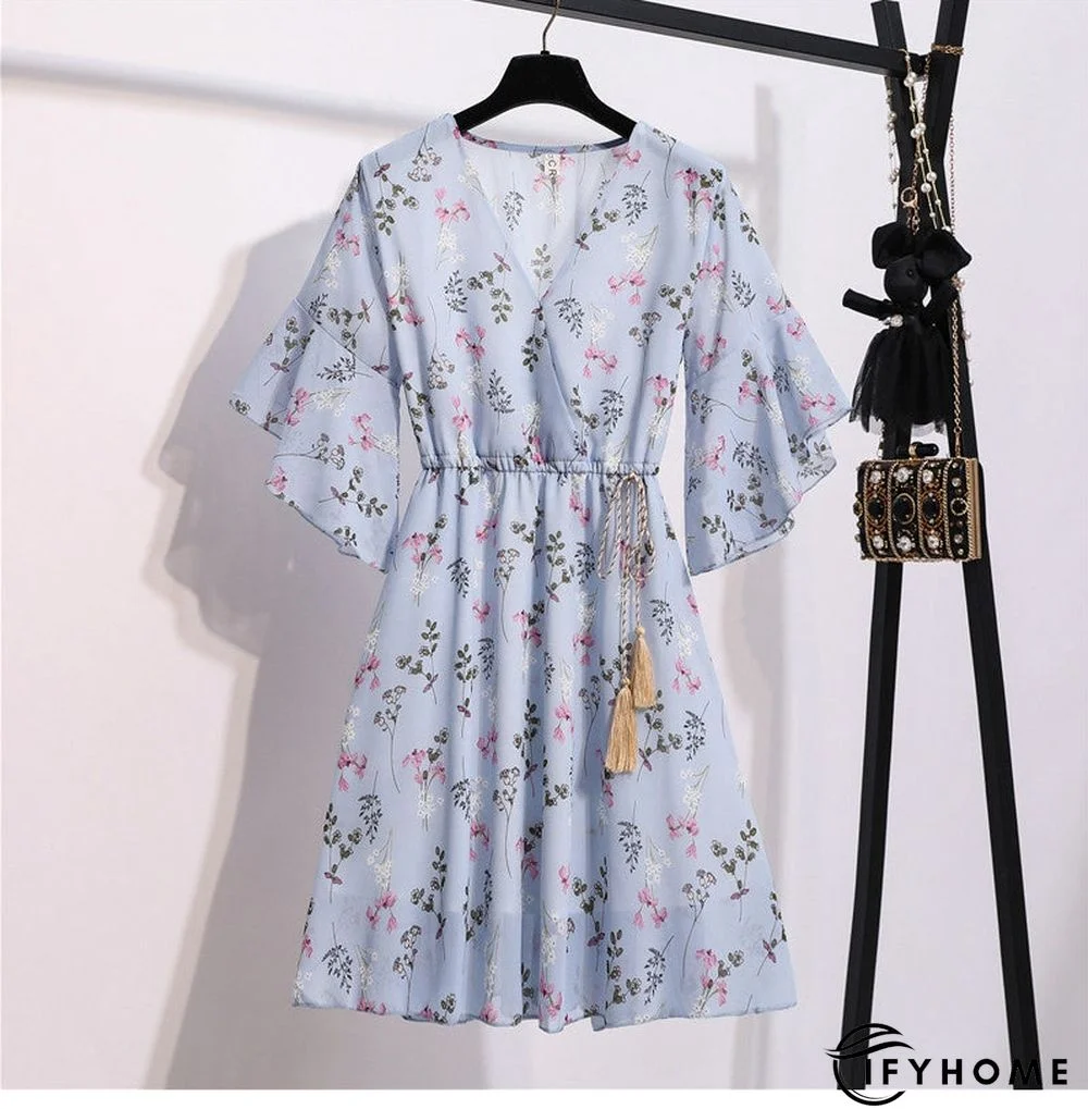 Spring Summer Chiffon Women V-Neck Floral Print Short Dresses Sweet Ruffle Sleeeve Slim Drawstring Ladies Dress | IFYHOME