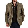Men Vintage Stand Collar Suede Blazer Side Zip Fly Contrast Leather Webbing Medium Length Jacket Coats by Inlyline