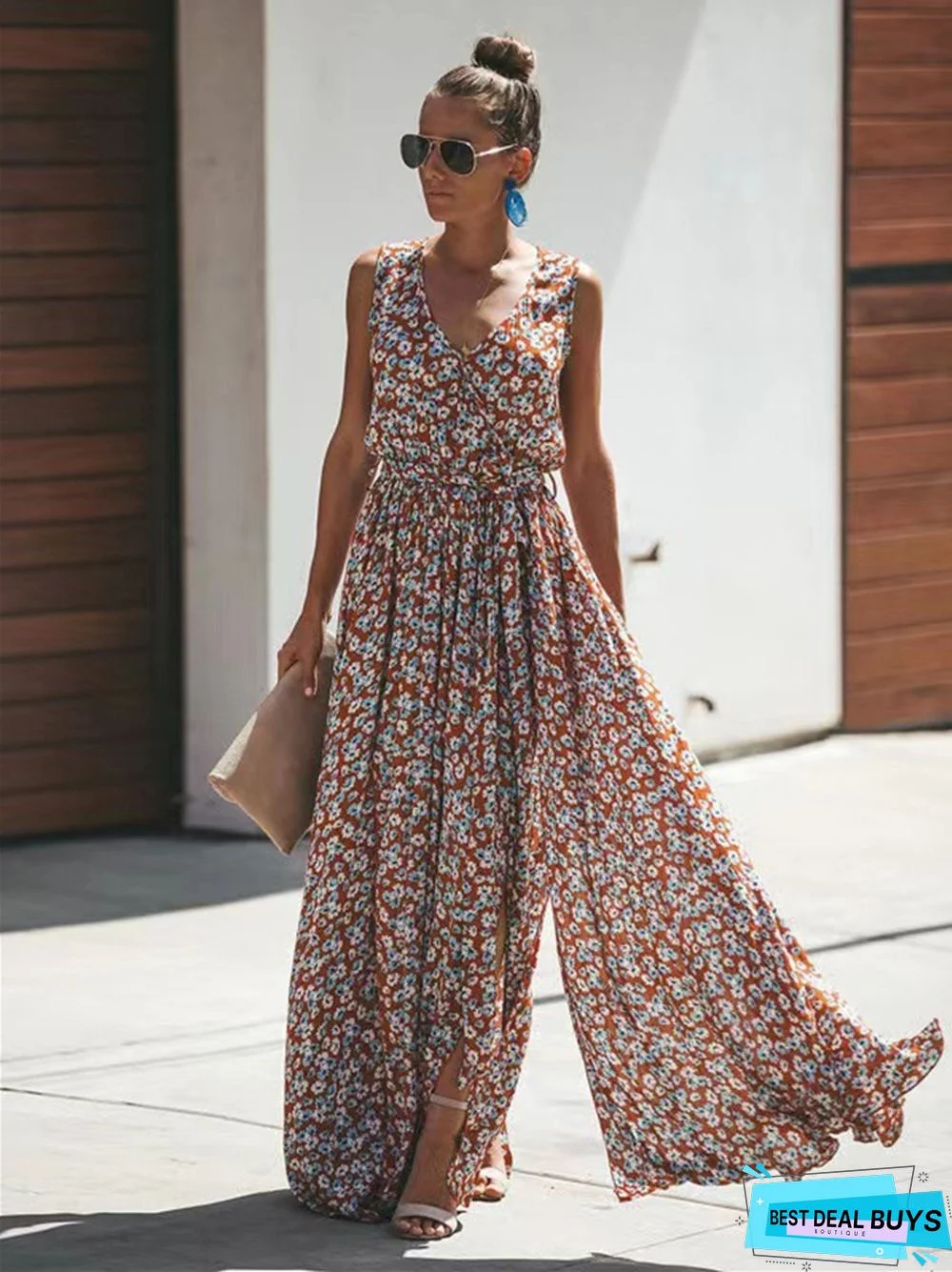 Printed Temperament Commuter Sleeveless Long Dress