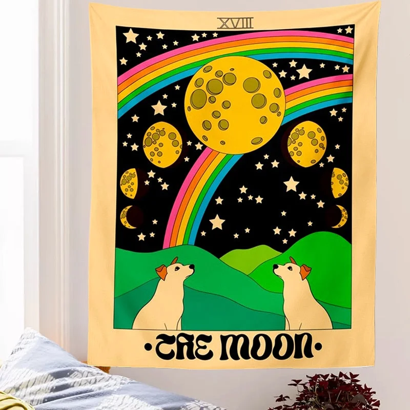 Tarot Card Tapestry Wall Hanging Moon Phase Mandala Tarot Card Tapestries Bedroom Bedspread Throw Cover Sun Moon Wall Decor