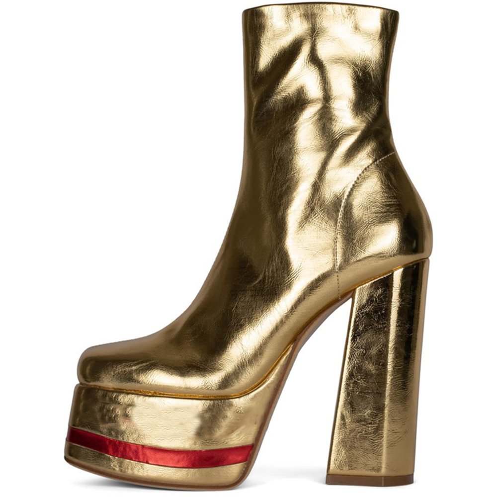 Gloden Mirror Leather Platform Calf Boots High Chunky Sock Boots Nicepairs