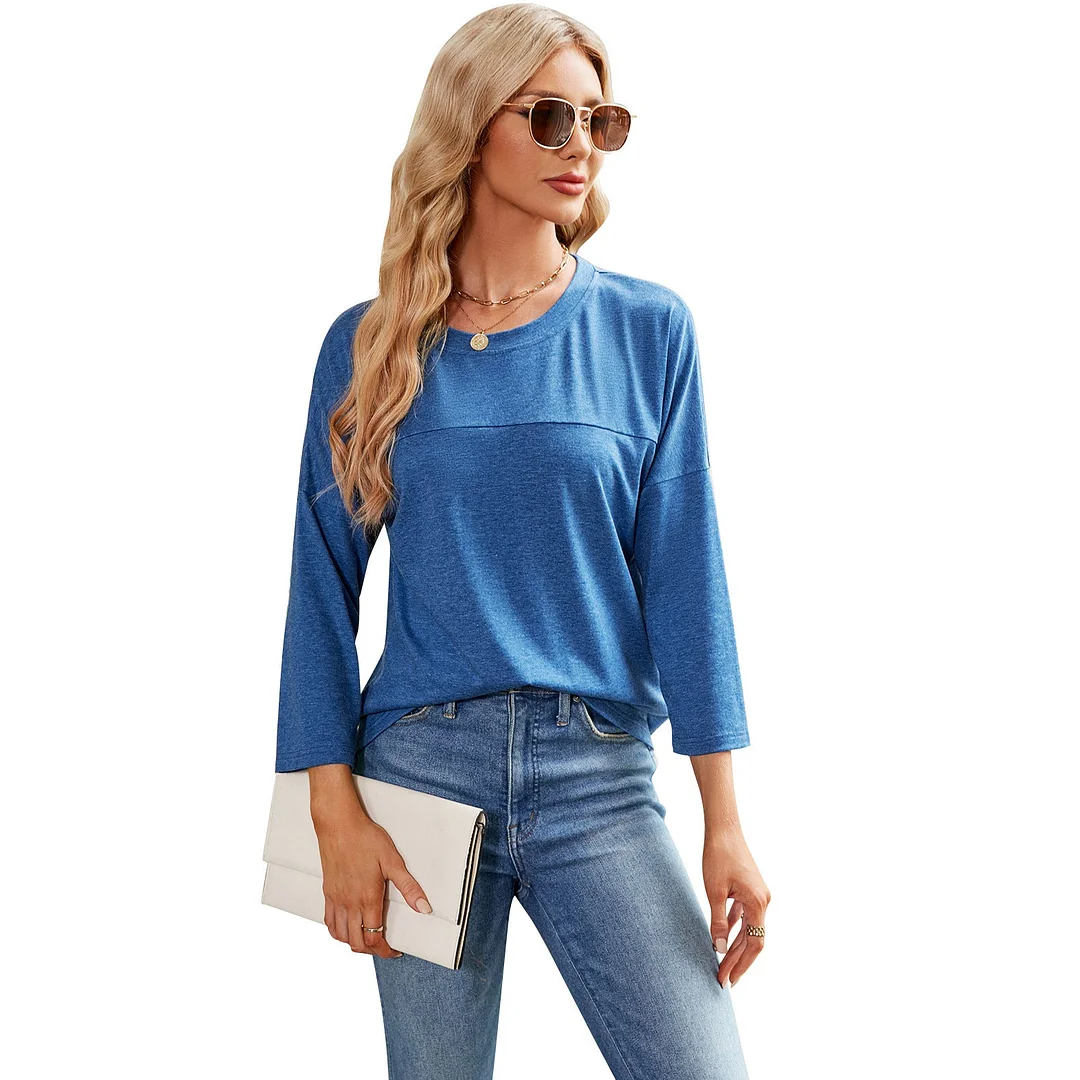Brownm Solid Color Casual Sleeve Round Neck Blouses