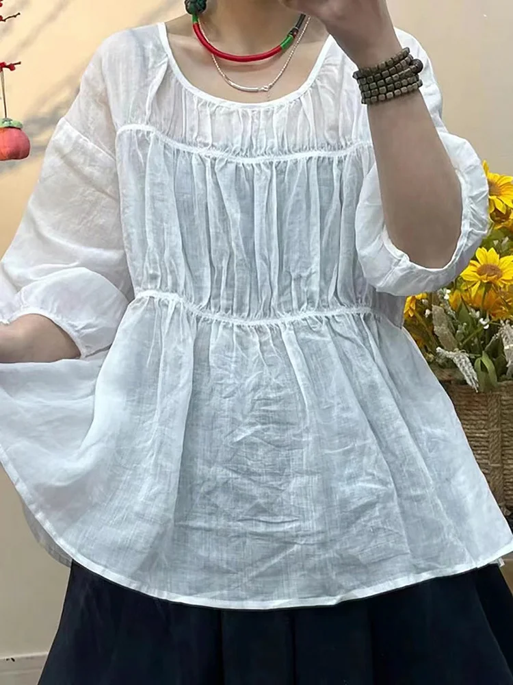 Women Spring Casual Pleat Solid Loose Linen Shirt