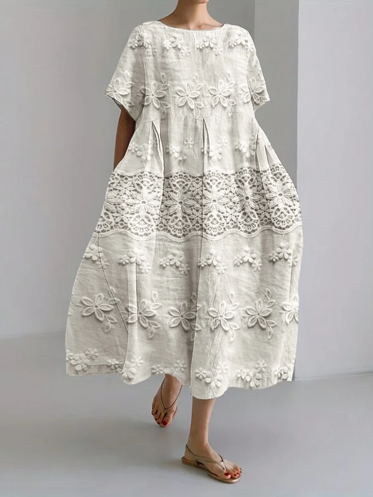 Vintage Lace Floral Linen Blend Maxi Dress