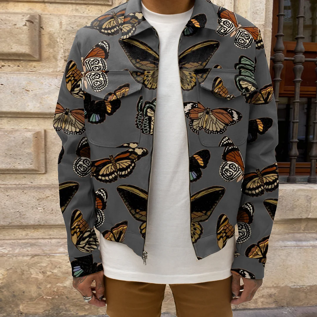 Retro Trendy Butterfly Print Cargo Jackets