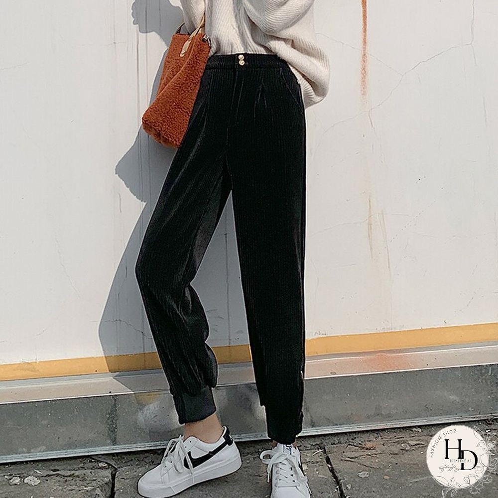 Winter Corduroy Pants Women Korean Fashion Zipper Elastic High Waist Pencil Pant Causal Loose Baggy Trousers Streetwear Mujer