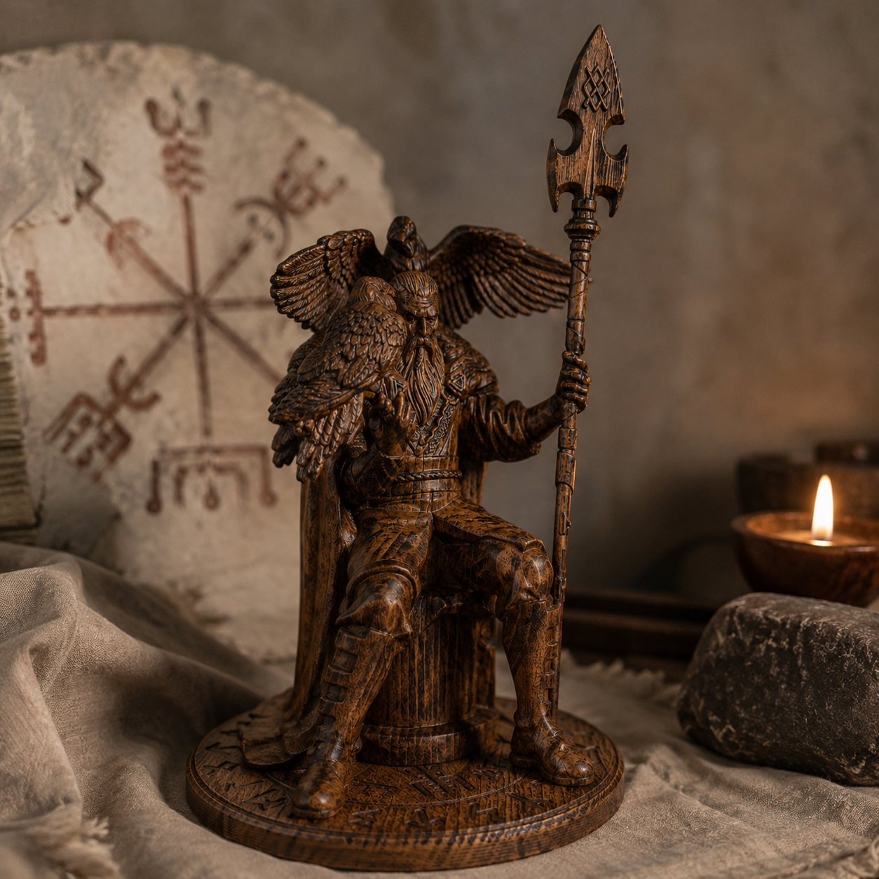 Odin Raven Wood Carving Statue &ndash; Norse Mythology Viking Desk Decor