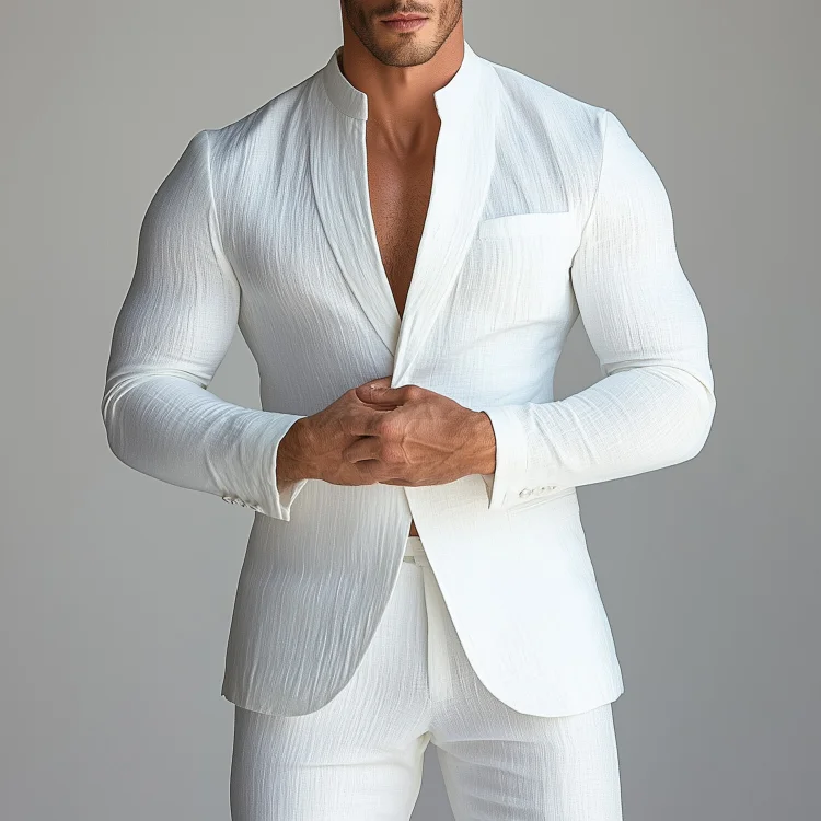 Okaywear Solid Stand Collar Button Long Sleeve Linen Blazer Okaywear