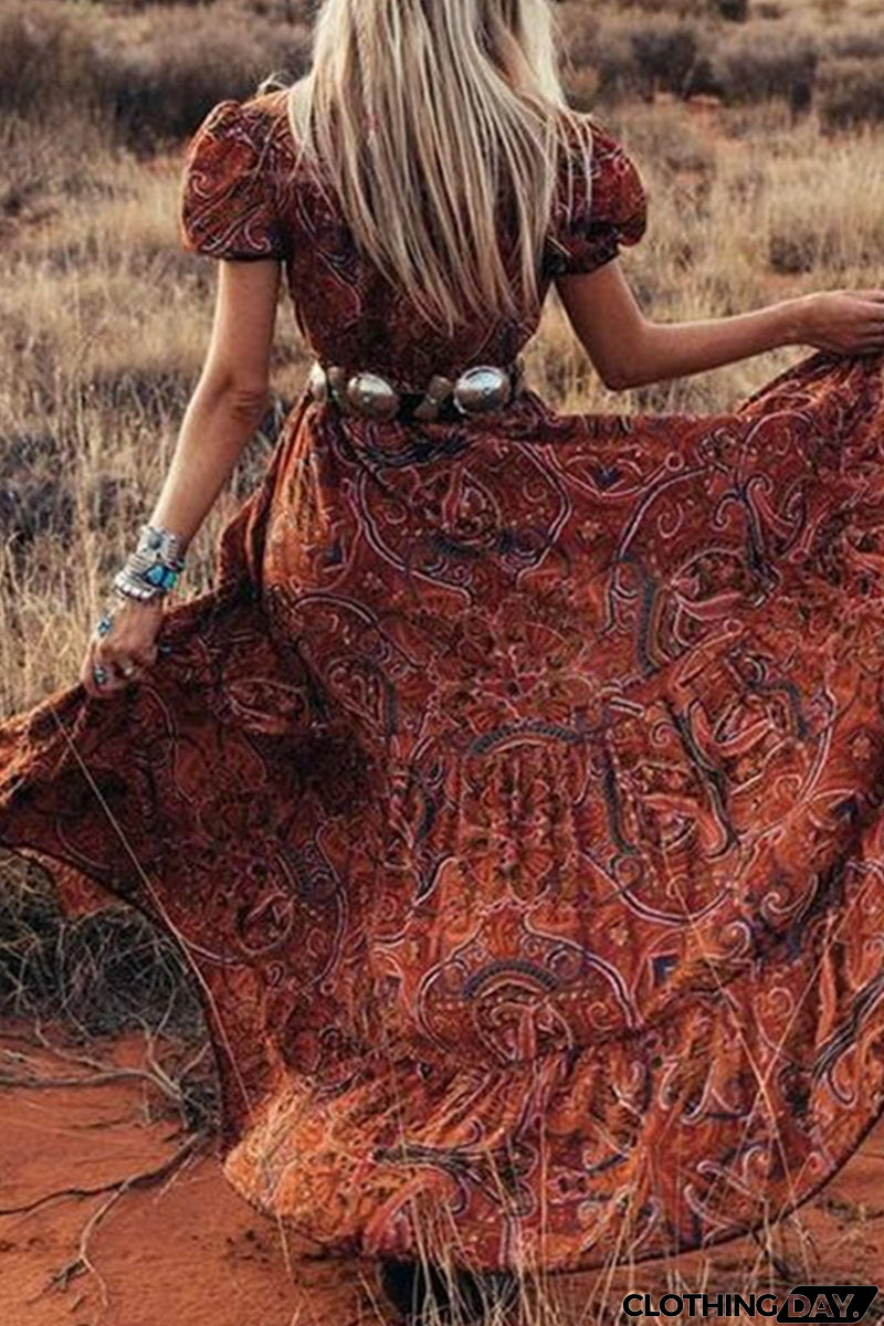 Wisherryy Printed V-Neck Short Sleeve Bohemian Resort Maxi Dress(3 Colors)