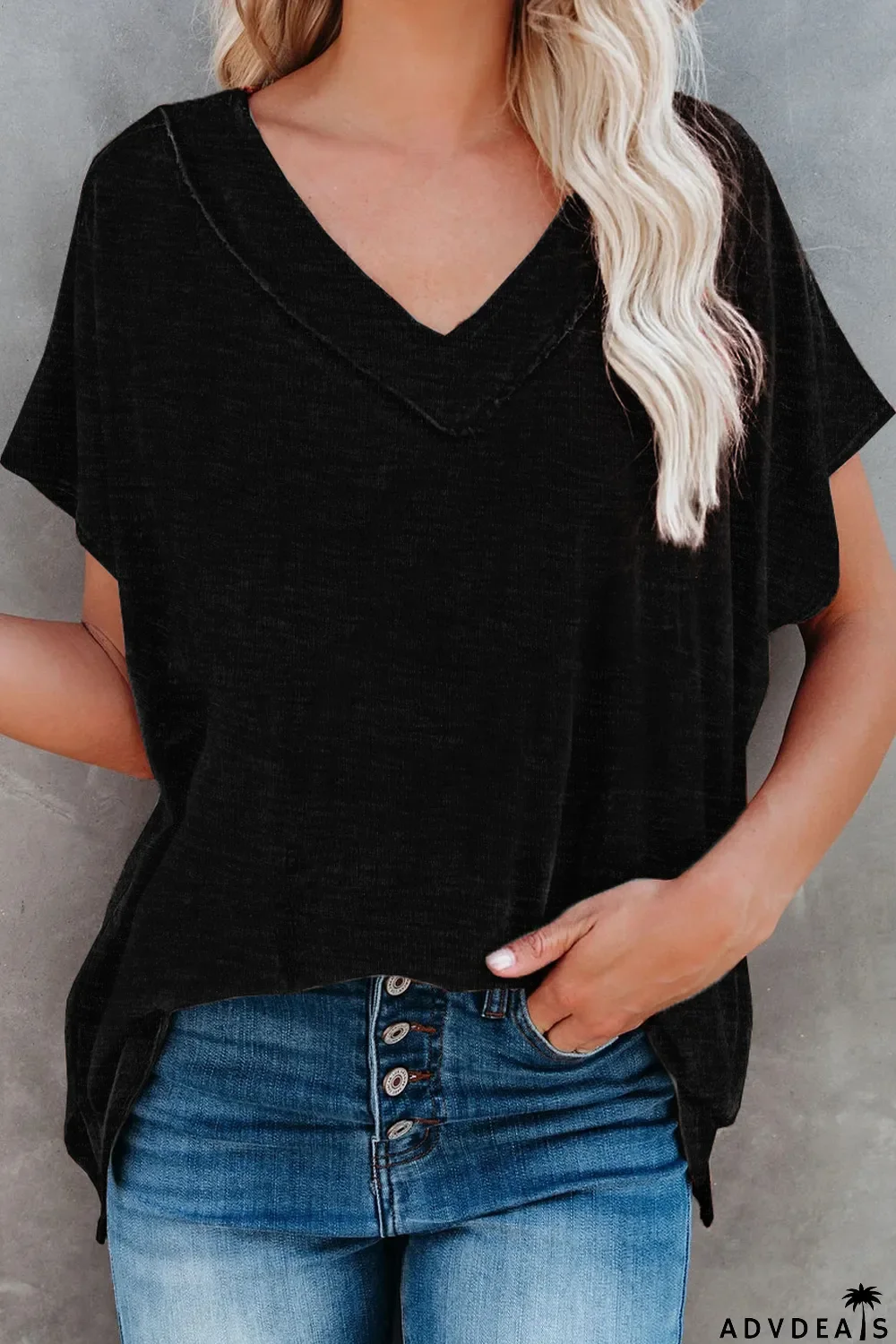 Black Oversized Mineral Wash Cotton Blend V Neck Short Sleeves Top