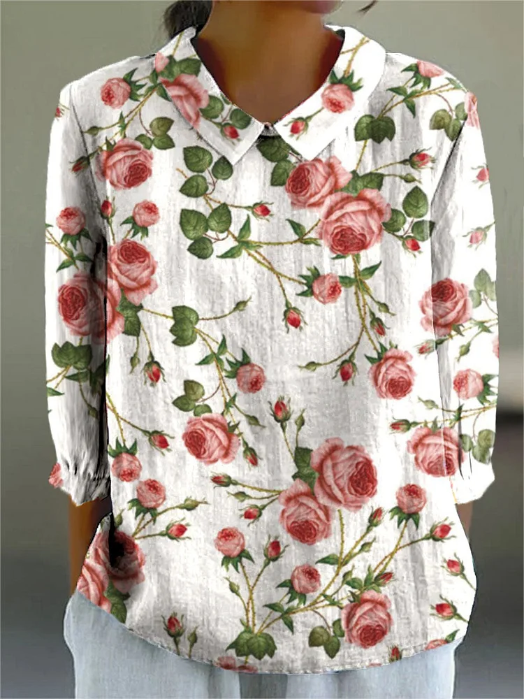 Women's Vintage Floral Art Print Casual Cotton And Linen 3/4 Sleeve Shirt