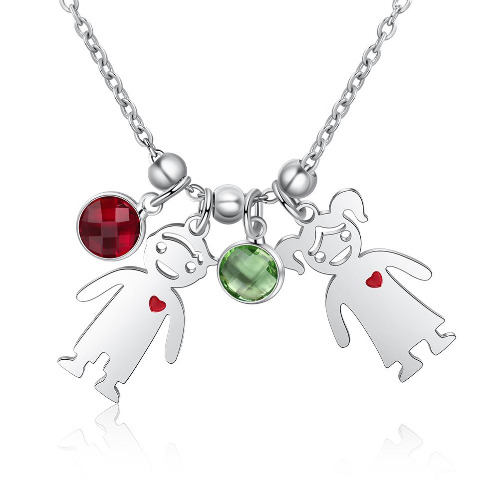 Personalized Kids Charm Necklace With 2 Birthstones Engraved Names Gift