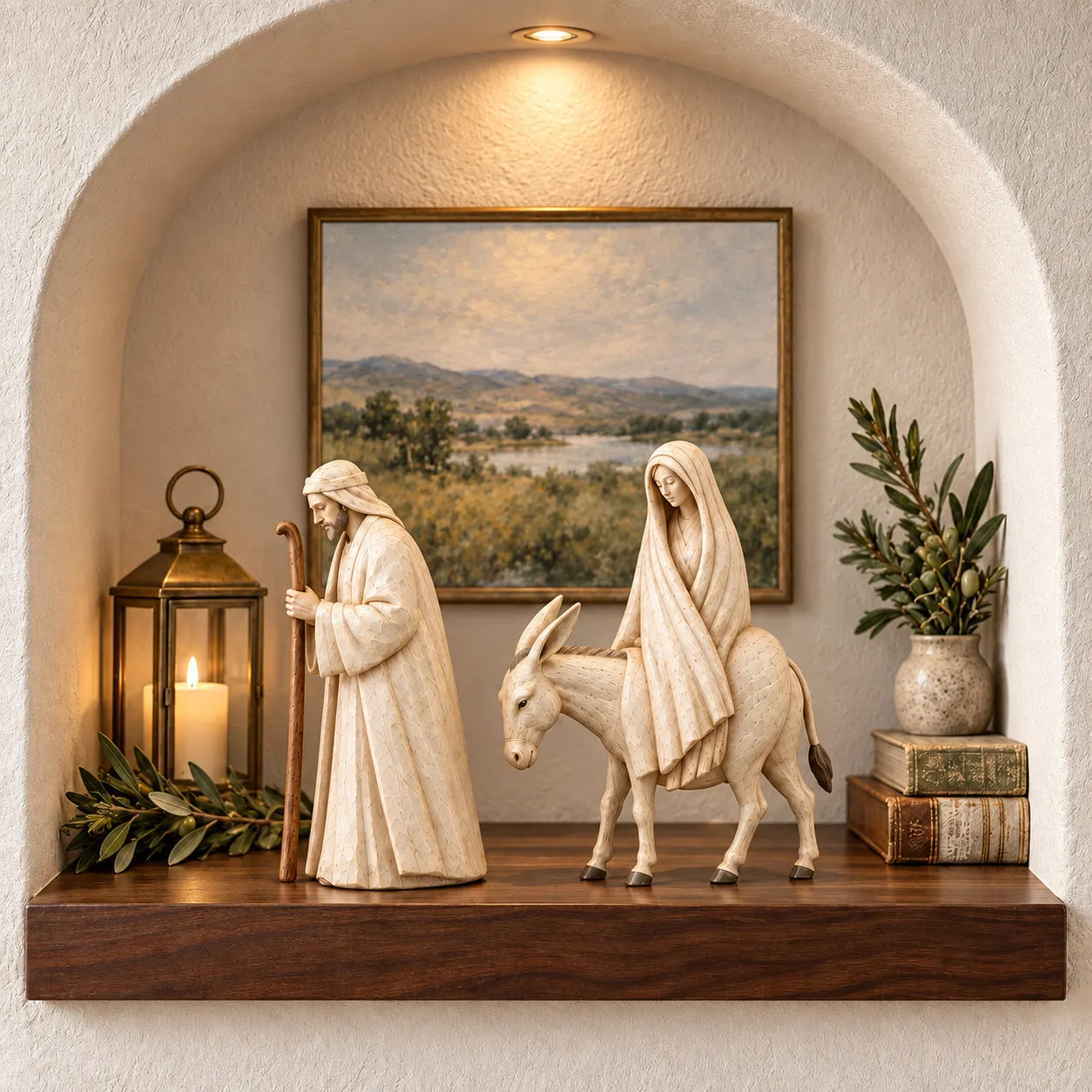 Journey to Bethlehem figurines displayed in a warm home setting