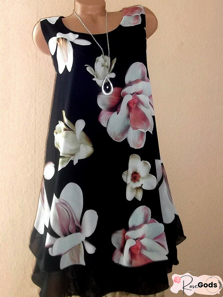 Women Casual Daily Crew Neck Sleeveless Floral-Print Comfy Dress