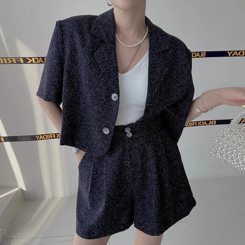 Churchf Churchf Chic Summer Temperament Small Fragrant Wind Suit Collar Short Coat High Waist Versatile Two Button Wide Leg Shorts