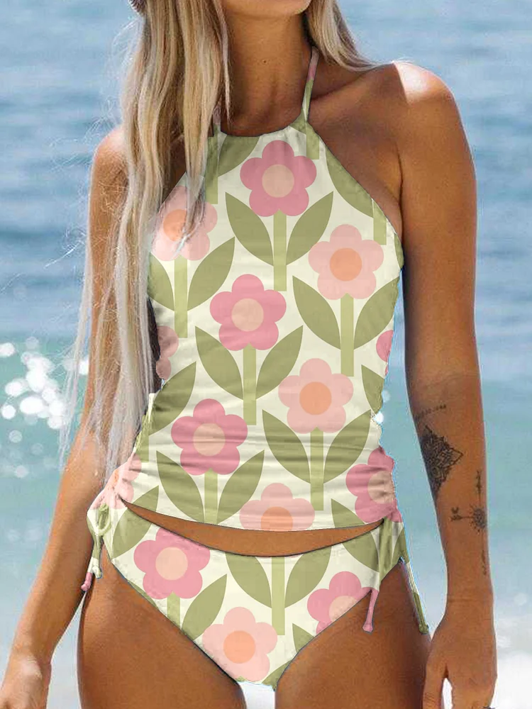Vintage Floral Print Halterneck Lace-up Pleated Backless Tankini Panty Set Swimsuit