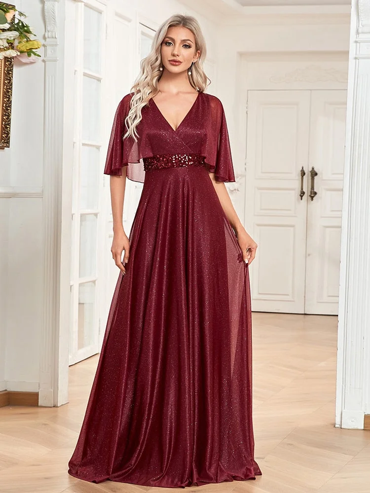 Elegant Shining Formal Evening Dresses Women V-Neck Wedding Party Prom Short sleeve Long Gown Robe Vestidos De fiesta