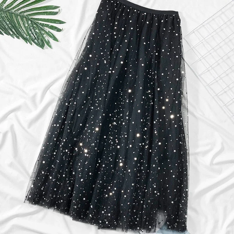 Zoki Elegant Korean Women Tulle Skirt Fashion Sequin Star Summer Mesh Ladies Long Skirt Elastic High Waist Party White Skirt