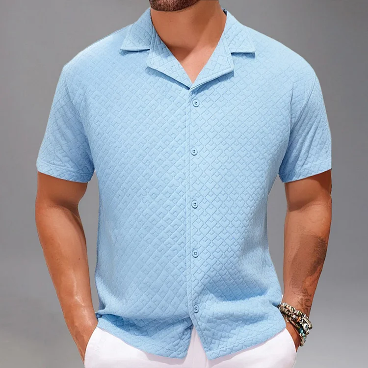 Casual Camp Collar Button Short Sleeve Jacquard Shirt 
