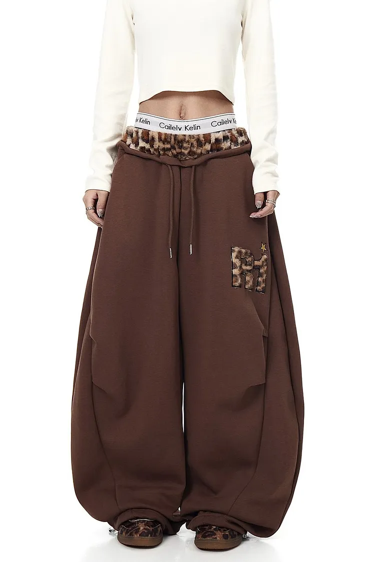 Fleece Lined Flared Pants with Leopard Print & Patchwork for Women
