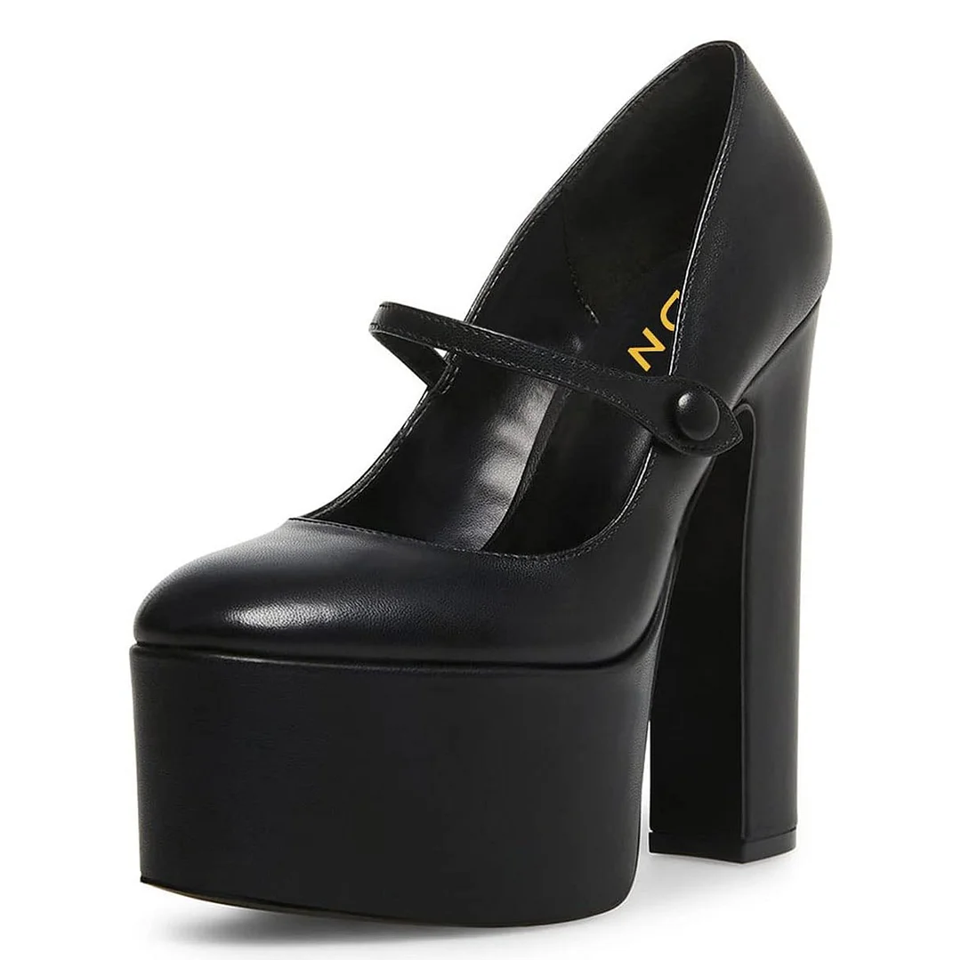 Classic Black Round Toe Chunky Heeled Mary Janes with Platform