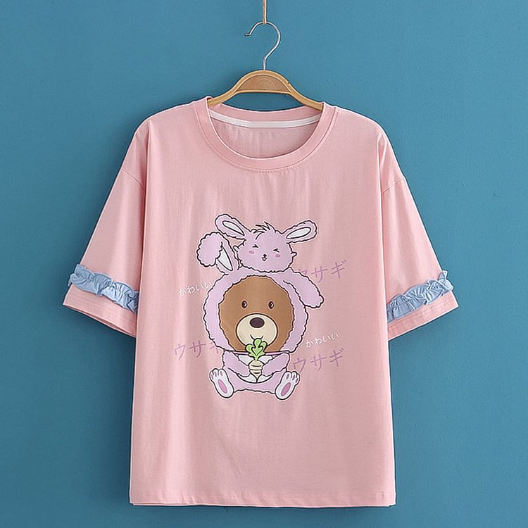 Bear Letter Print Loose T-Shirt - Modakawa Modakawa