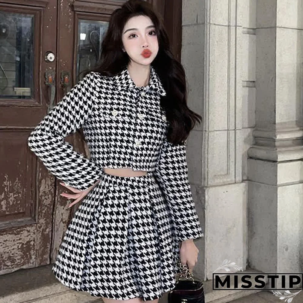 Chic Houndstooth Print Crop Blazer Jacket Pleated Skirt