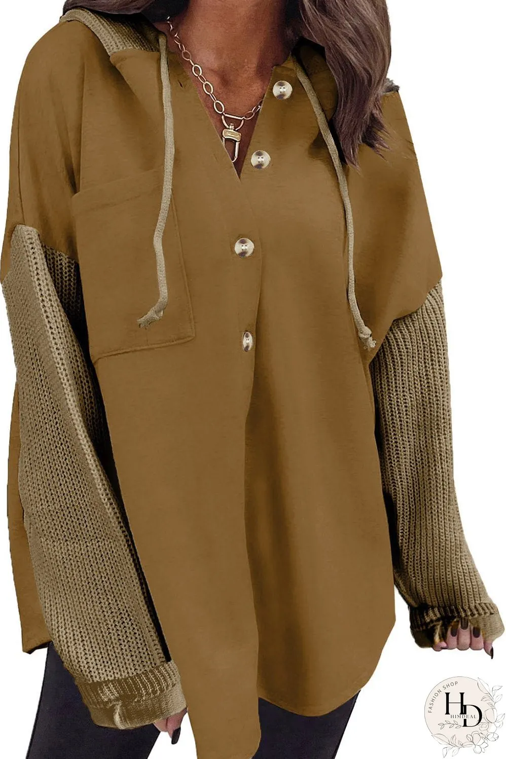 Brown Button Up Contrast Knitted Sleeves Hooded Jacket