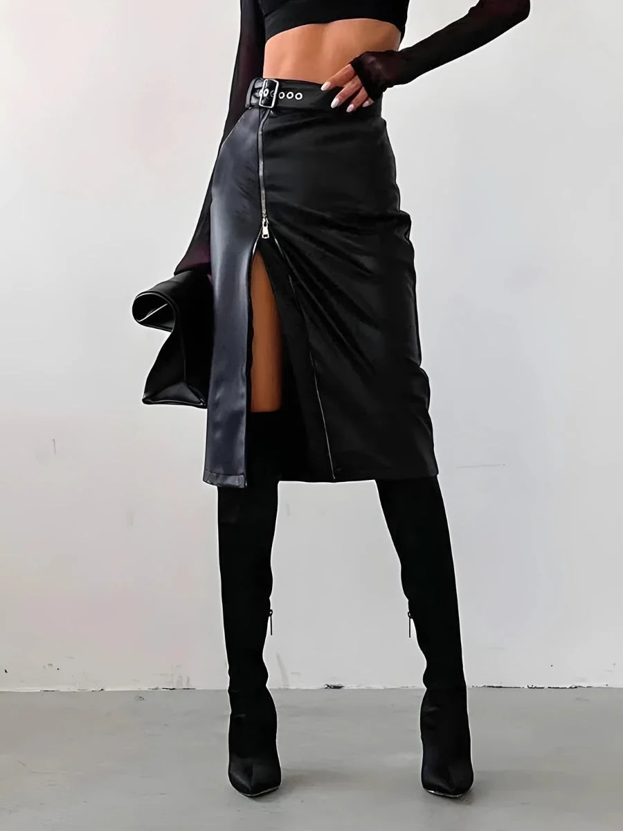 Brownm Zip Up Slit Midi Pencil Skirt
