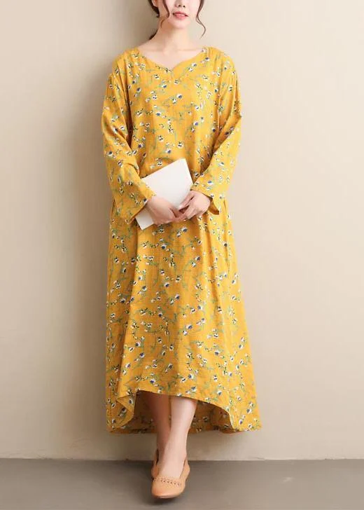 Chic Yellow Print Tunic Pattern V Neck Spring Dresses