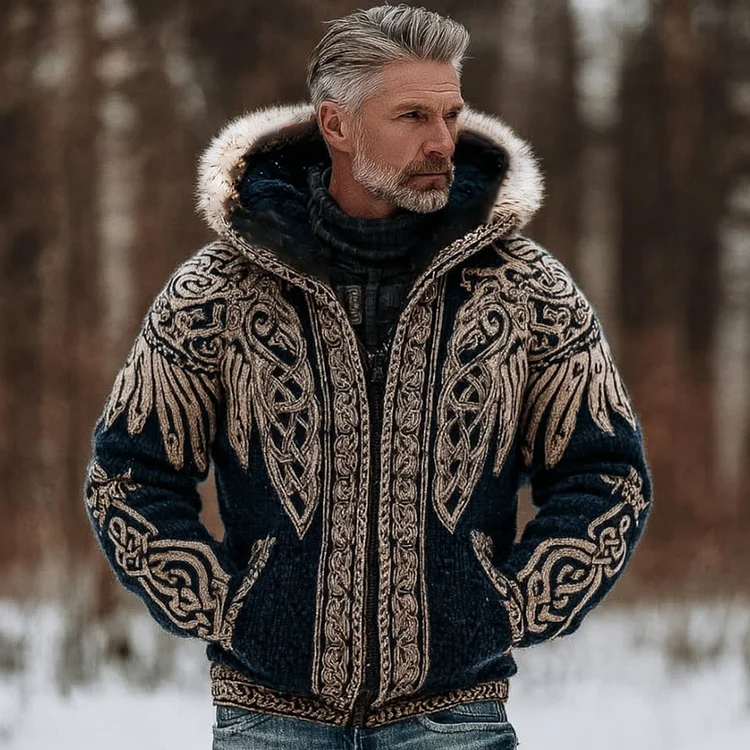 Men's Viking Wing Celtic Knot Zipper Knit Hoodie Sweater